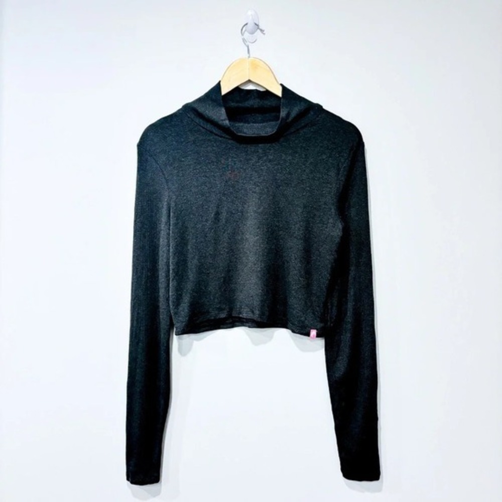 LAIT DE POULE Charcoal Grey Mock Neck‎ Long Sleeve Stretch Crop Top X-Large